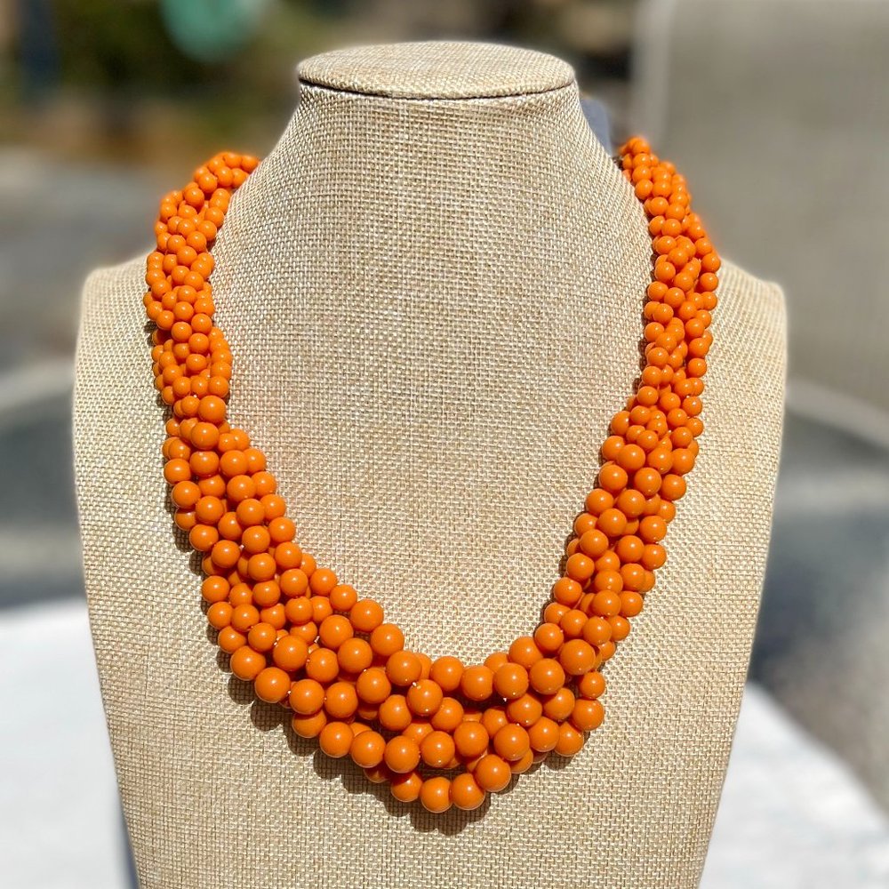 Twisted Multi Strand Burnt Orange Lucite Pearl Necklace Spring Summer Vacation